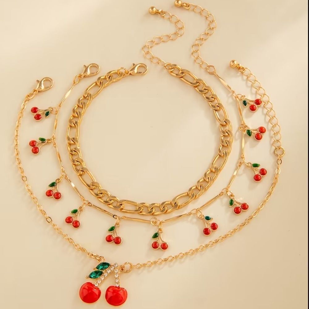 Gold-Red Cherry anklet set M671